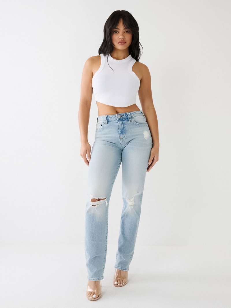 Big T & Super T Stitch True Religion Sarah Distressed High Rise Droit Jean Femme Blanche Bleu | PRO-40993531