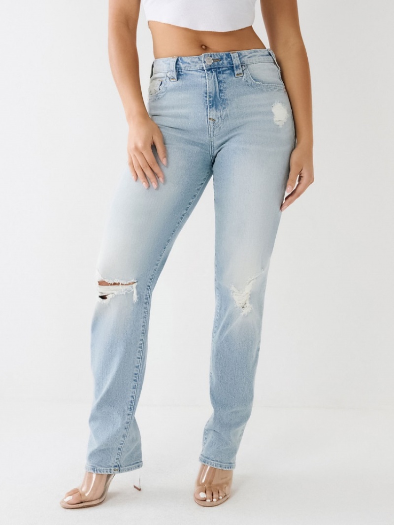 Big T & Super T Stitch True Religion Sarah Distressed High Rise Droit Jean Femme Blanche Bleu | PRO-40993531