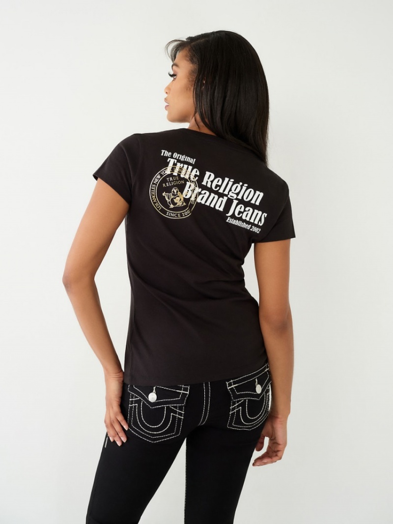 T Shirts True Religion Buddha Logo V Femme Blanche Noir | BRG-46274356