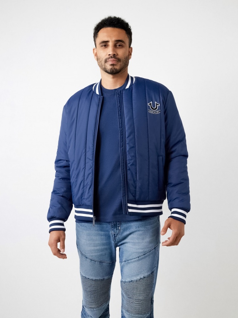 Veste Bomber True Religion Hs Logo Matelassé Homme Blanche Bleu Marine | OXG-89460146