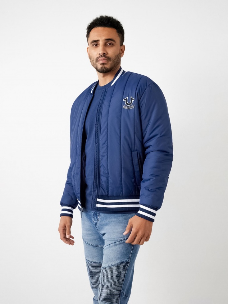 Veste Bomber True Religion Hs Logo Matelassé Homme Blanche Bleu Marine | OXG-89460146