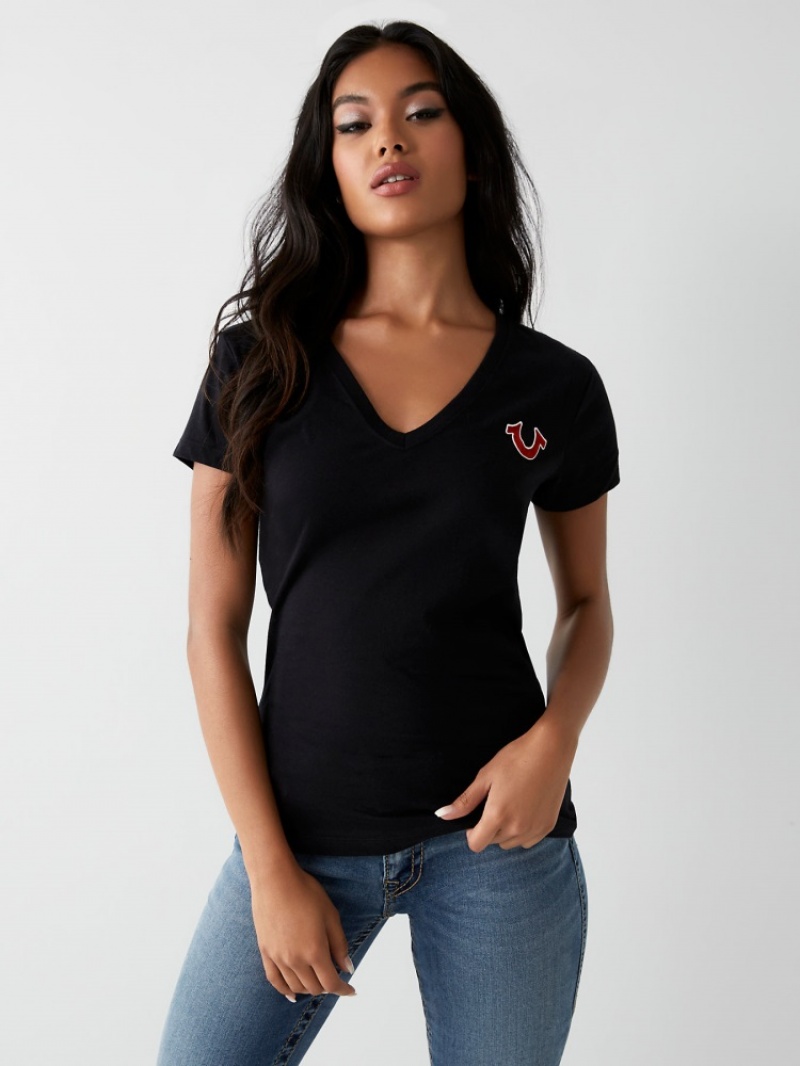 T Shirts True Religion Buddha Logo V Femme Bleu | DVY-28263475