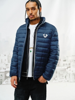 Veste Puffer True Religion Horseshoe Logo Homme Bleu Orange | XXX-81657956