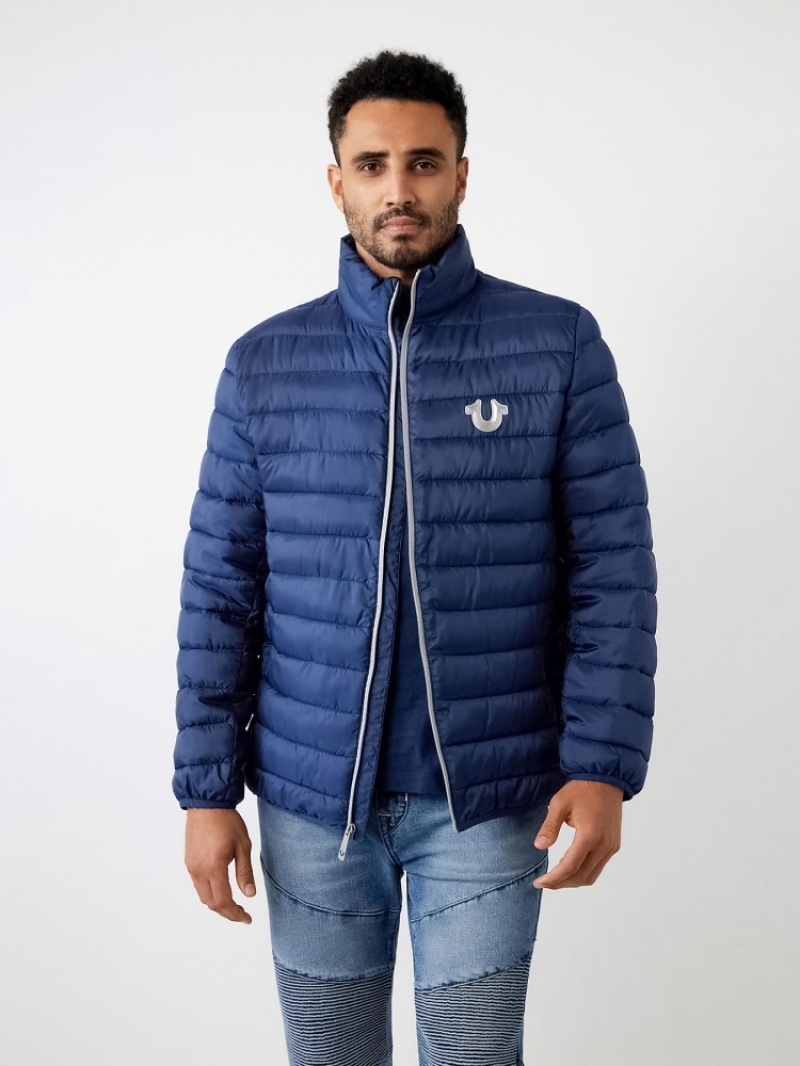 Veste Puffer True Religion Horseshoe Logo Homme Bleu Orange | XXX-81657956