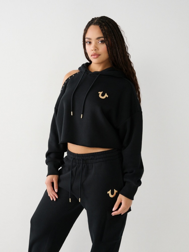 Sweat a Capuche True Religion Studded Off Shoulder Crop Femme Noir | CYW-71936590