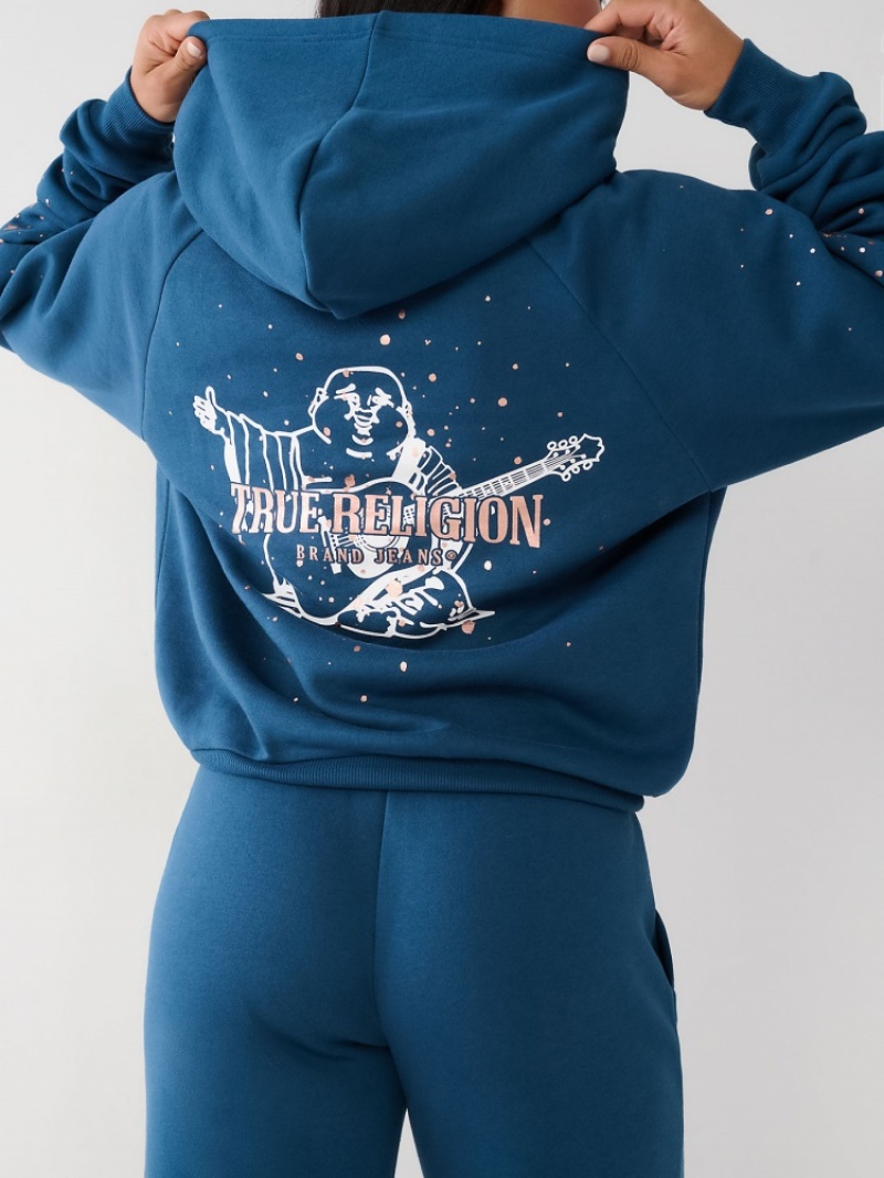 Sweat a Capuche True Religion Splatter Paint Logo Relaxed Femme Blanche Bleu Marine | WLH-06503700