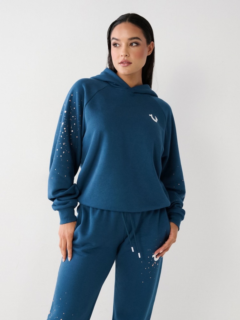 Sweat a Capuche True Religion Splatter Paint Logo Relaxed Femme Blanche Bleu Marine | WLH-06503700