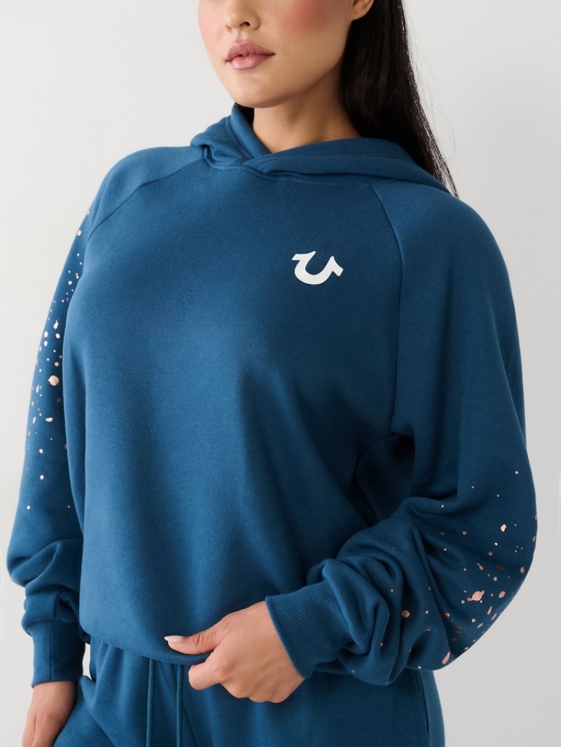 Sweat a Capuche True Religion Splatter Paint Logo Relaxed Femme Blanche Bleu Marine | WLH-06503700