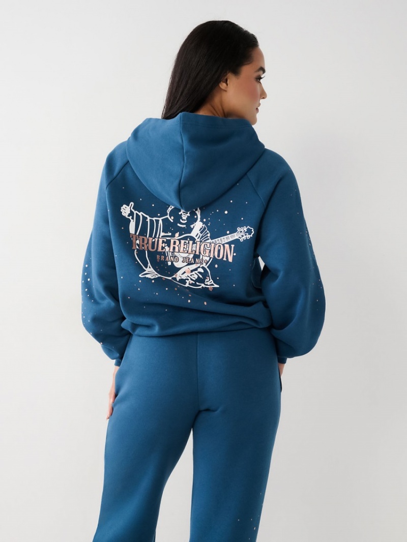 Sweat a Capuche True Religion Splatter Paint Logo Relaxed Femme Blanche Bleu Marine | WLH-06503700