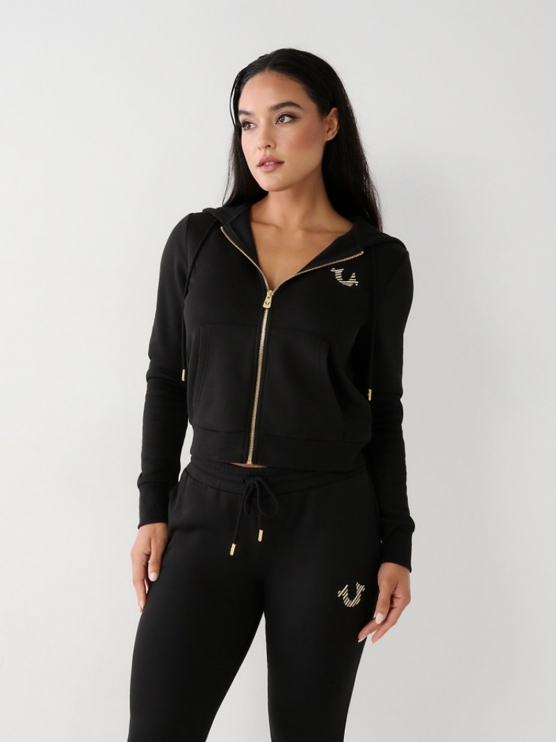 Sweat a Capuche True Religion Logo Zip Femme Kaki | IBM-35508581