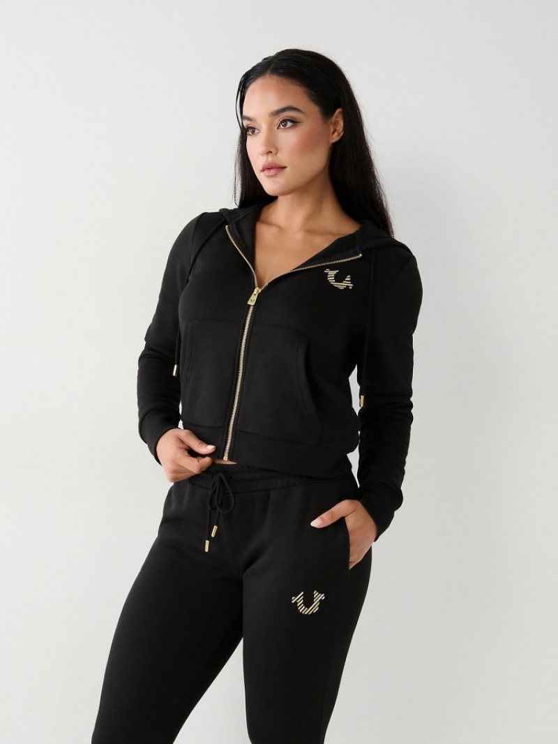 Sweat a Capuche True Religion Logo Zip Femme Kaki | IBM-35508581