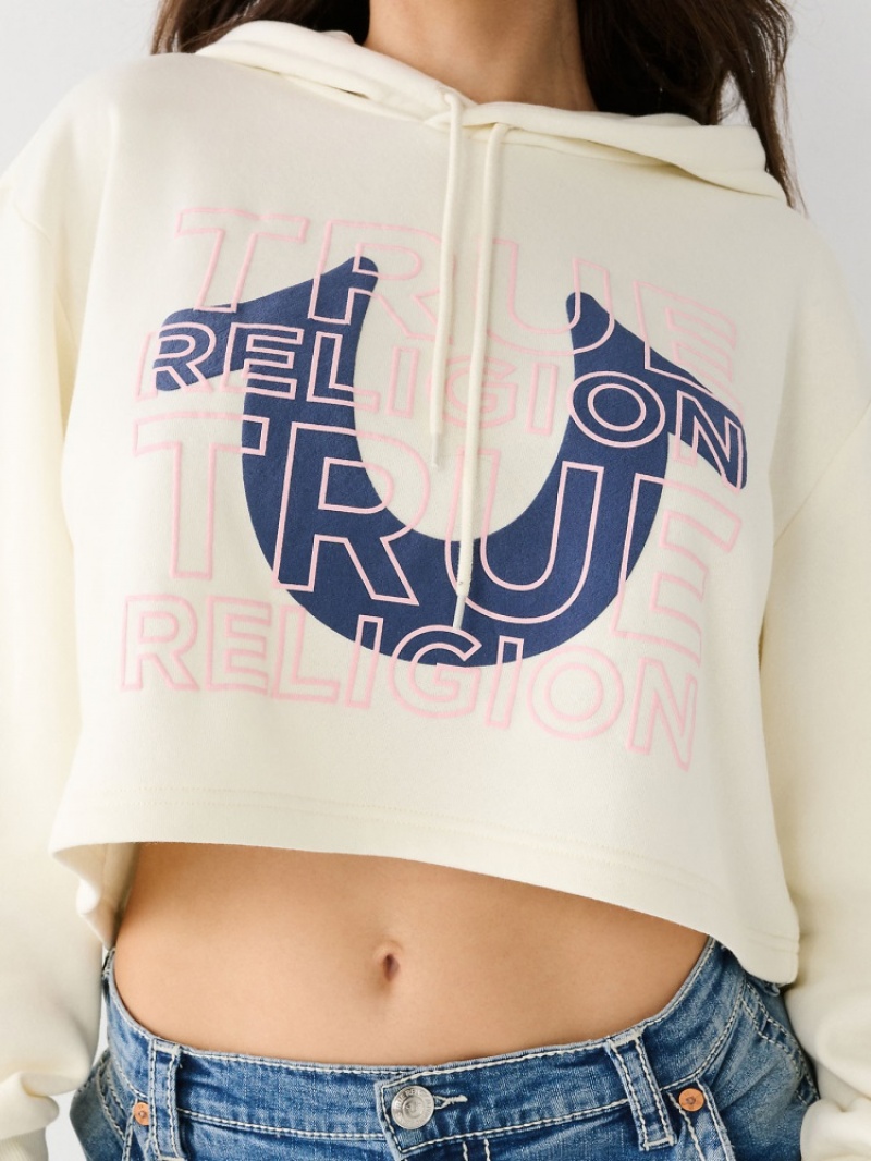 Sweat a Capuche True Religion Logo Crop Femme Blanche Bleu | QSE-15070480