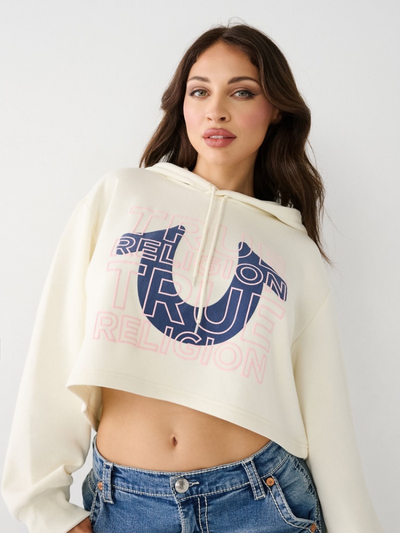 Sweat a Capuche True Religion Logo Crop Femme Blanche Bleu | QSE-15070480