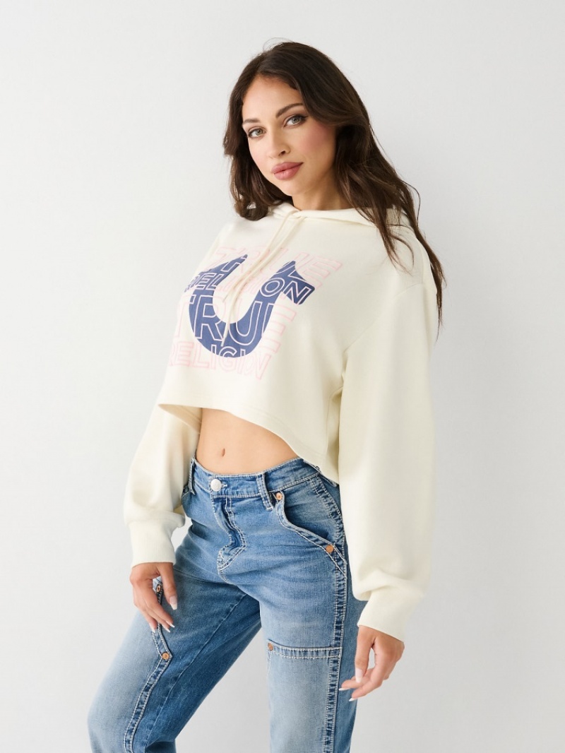 Sweat a Capuche True Religion Logo Crop Femme Blanche Bleu | QSE-15070480