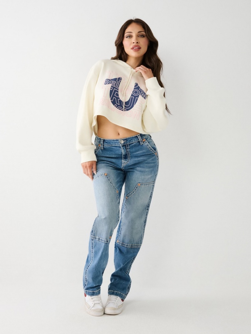 Sweat a Capuche True Religion Logo Crop Femme Blanche Bleu | QSE-15070480