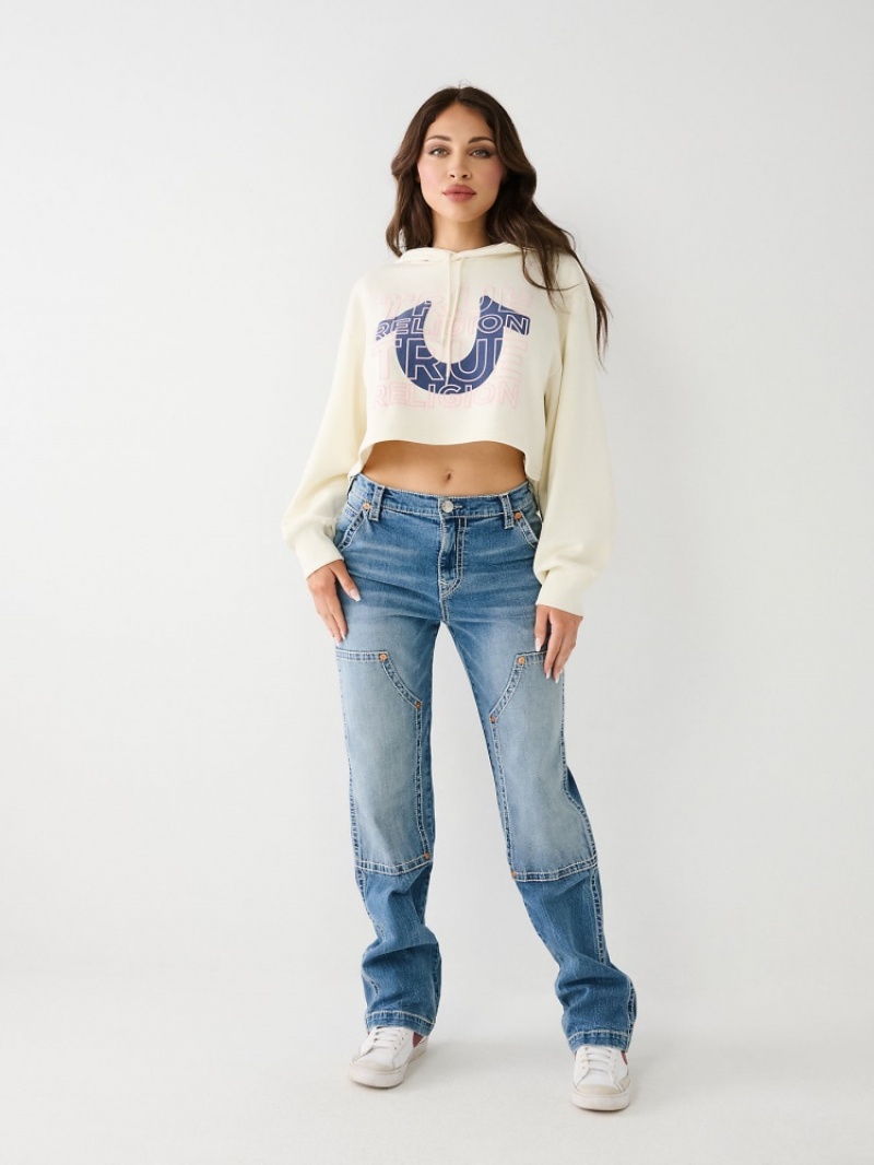 Sweat a Capuche True Religion Logo Crop Femme Blanche Bleu | QSE-15070480