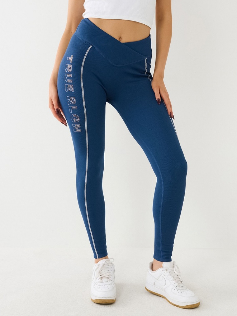 Leggings True Religion Metallic Tr Logo Rib Femme Bleu | CCW-78207243