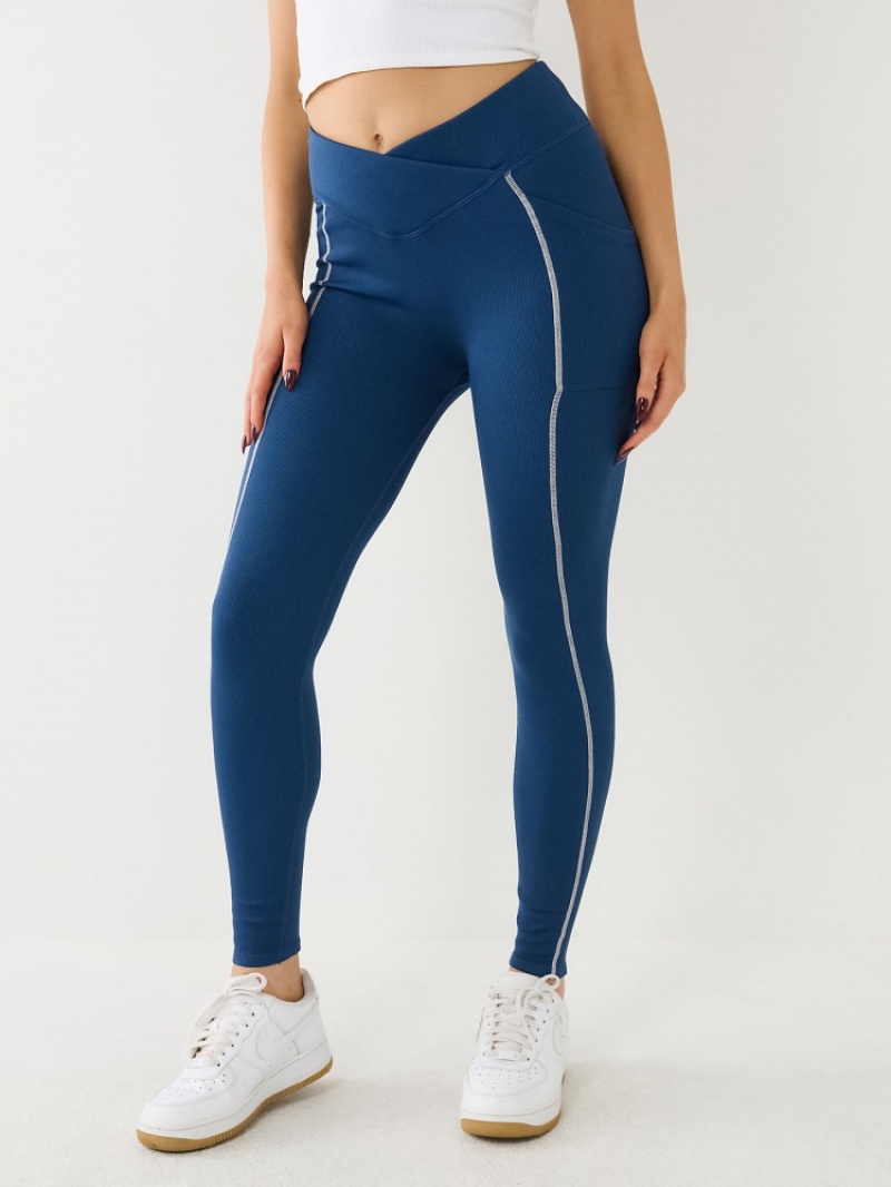 Leggings True Religion Metallic Tr Logo Rib Femme Bleu | CCW-78207243