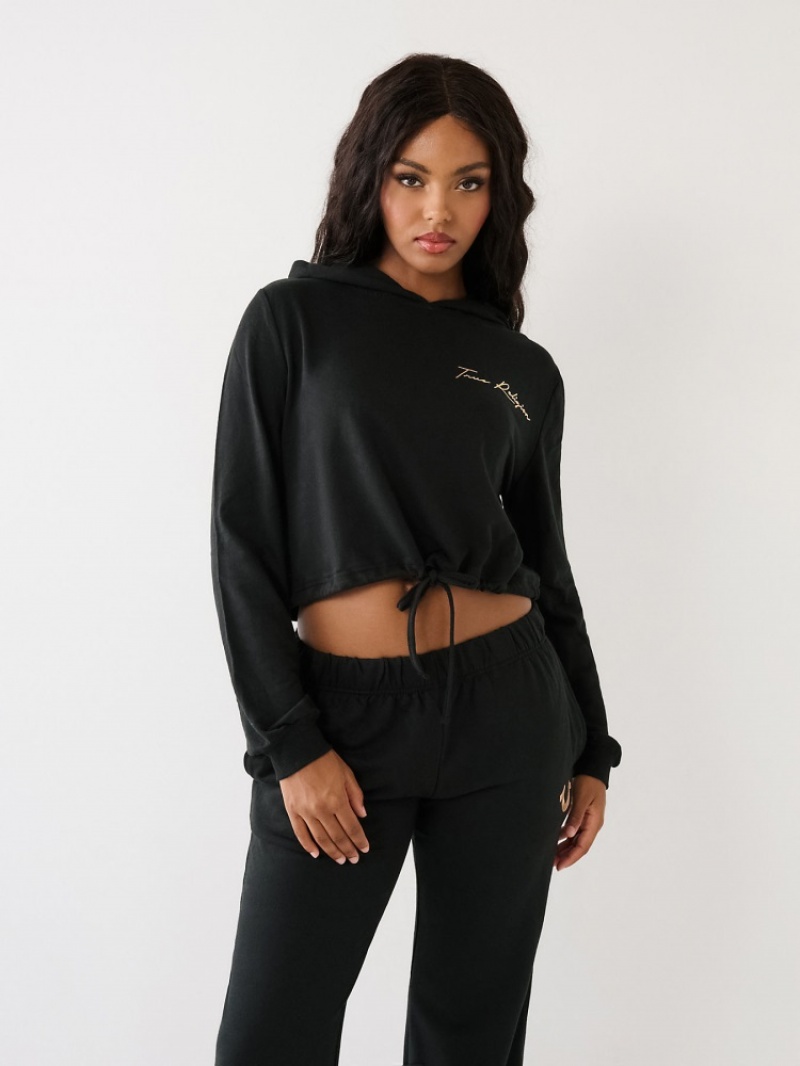 Sweat a Capuche True Religion Logo Crop Femme Noir | KVL-70405936