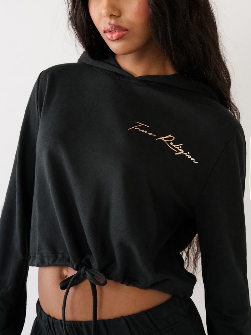 Sweat a Capuche True Religion Logo Crop Femme Noir | KVL-70405936