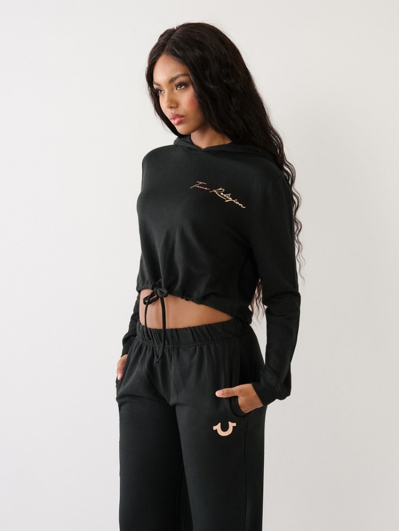 Sweat a Capuche True Religion Logo Crop Femme Noir | KVL-70405936