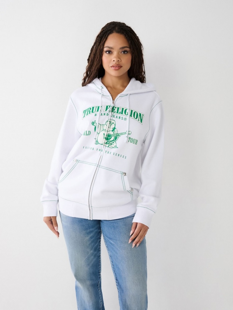 Sweat a Capuche True Religion Heritage Big T Relaxed Zip Femme Blanche Bleu Marine | GIP-93633116