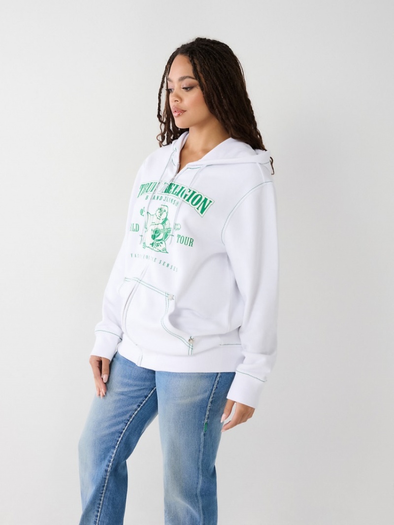 Sweat a Capuche True Religion Heritage Big T Relaxed Zip Femme Blanche Bleu Marine | GIP-93633116