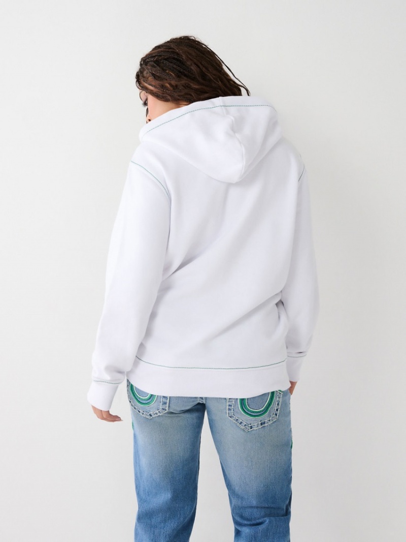 Sweat a Capuche True Religion Heritage Big T Relaxed Zip Femme Blanche Bleu Marine | GIP-93633116