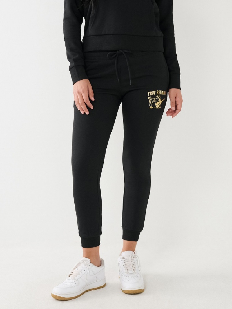 Pantalon Survêtement True Religion Metallic Buddha Logo Fleece Femme Noir Jaune | TFV-18361664