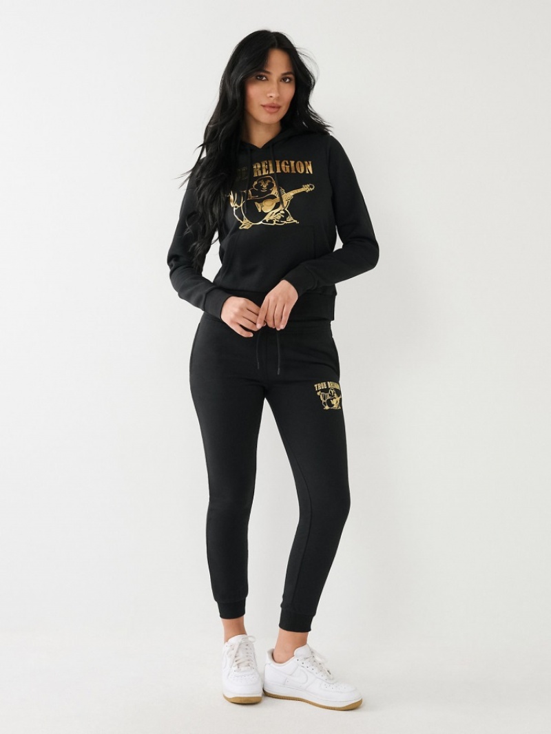 Pantalon Survêtement True Religion Metallic Buddha Logo Fleece Femme Noir Jaune | TFV-18361664