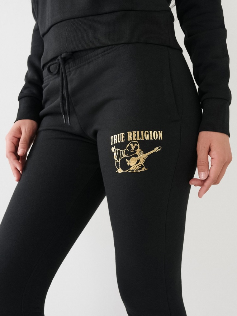 Pantalon Survêtement True Religion Metallic Buddha Logo Fleece Femme Noir Jaune | TFV-18361664