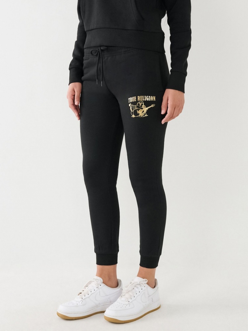 Pantalon Survêtement True Religion Metallic Buddha Logo Fleece Femme Noir Jaune | TFV-18361664