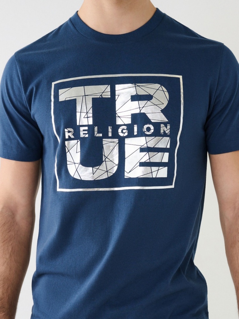 T Shirts True Religion Metallic Shattered True Religion Logo Homme Bleu | ZZN-38876358