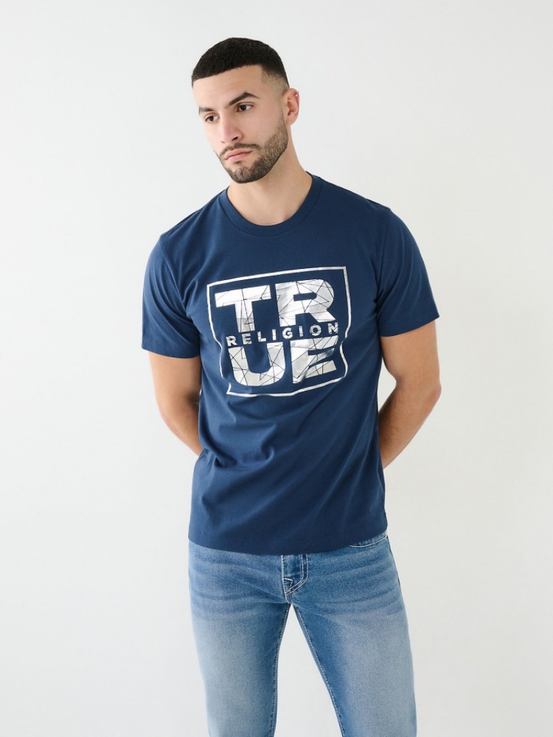 T Shirts True Religion Metallic Shattered True Religion Logo Homme Bleu | ZZN-38876358