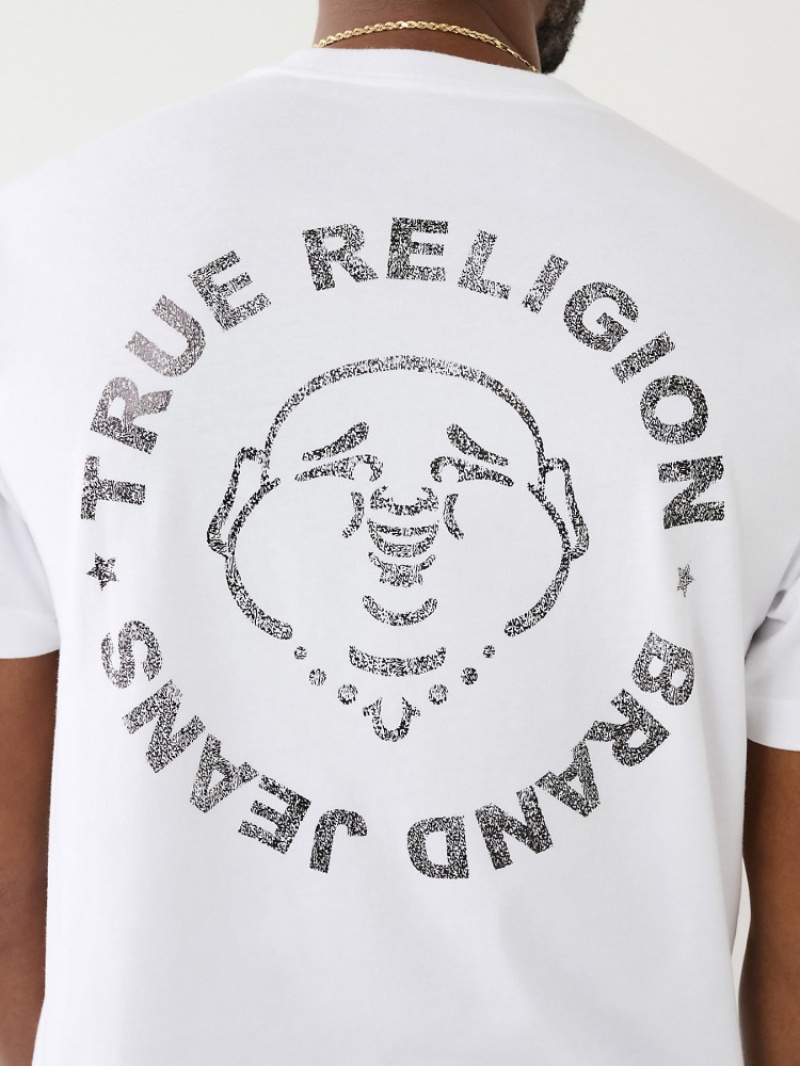 T Shirts True Religion Metallic Buddha Logo Corta Sleeve Homme Blanche Bleu | WYL-60262399