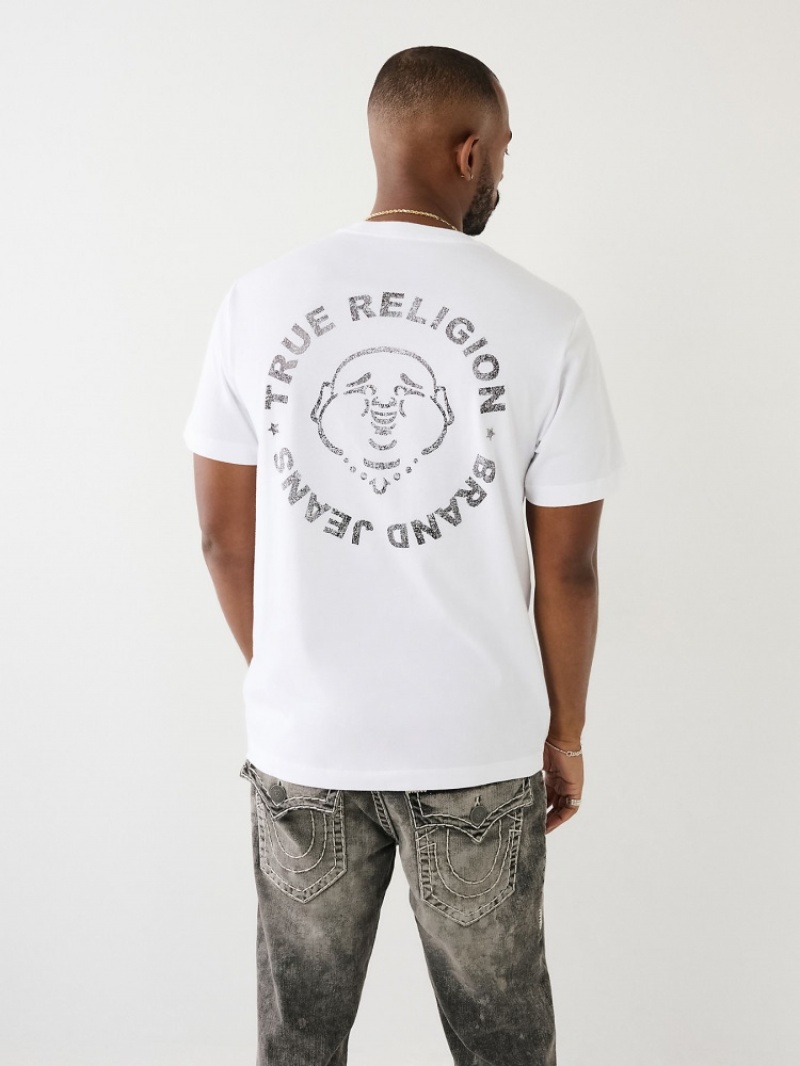 T Shirts True Religion Metallic Buddha Logo Corta Sleeve Homme Blanche Bleu | WYL-60262399