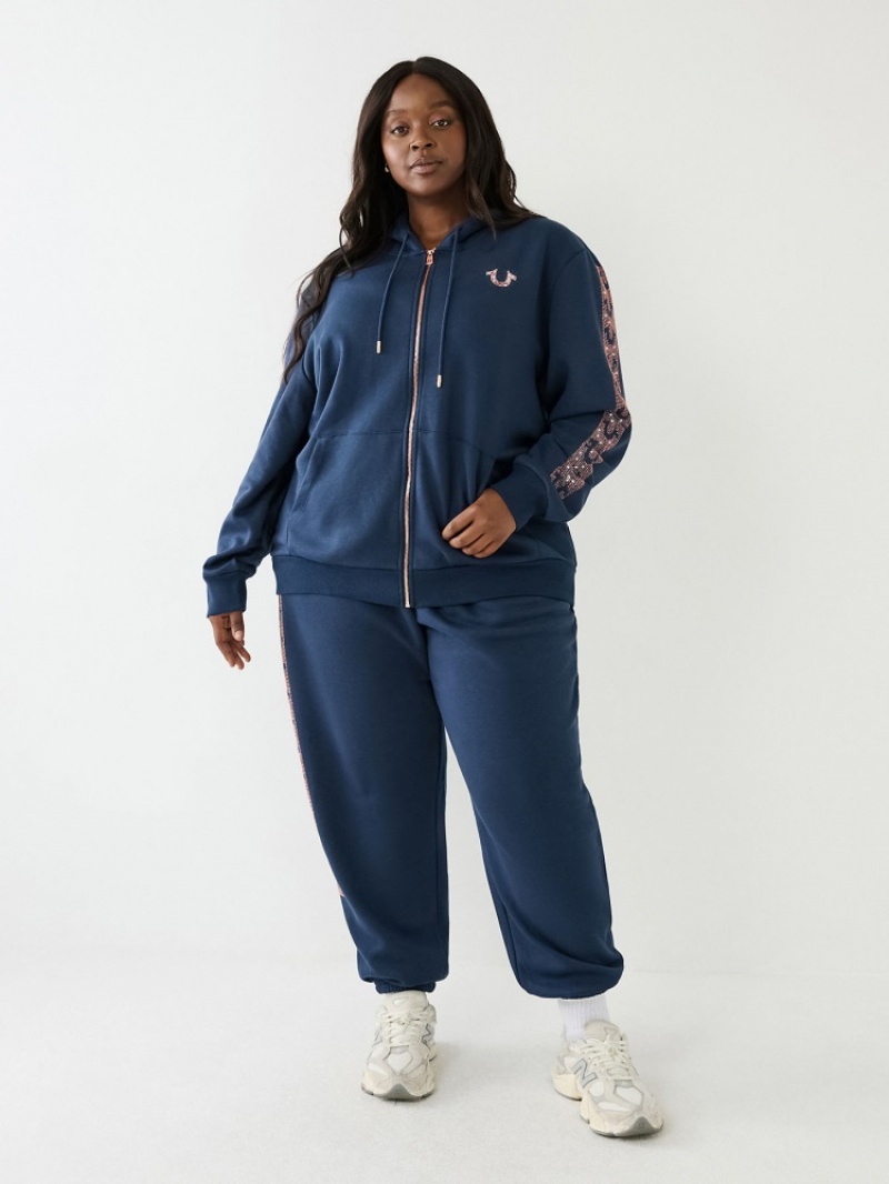 Sweat a Capuche True Religion Crystal Horseshoe Boyfriend Zip Femme Bleu Marine | RTI-58837425