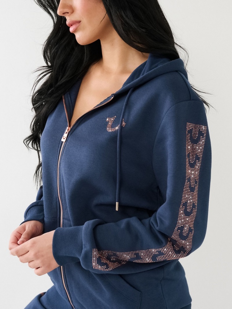 Sweat a Capuche True Religion Crystal Horseshoe Boyfriend Zip Femme Bleu Marine | RTI-58837425