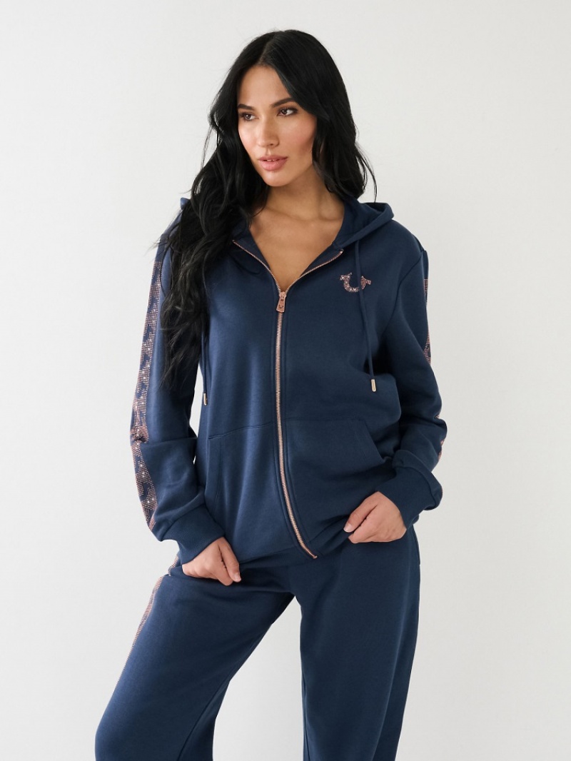 Sweat a Capuche True Religion Crystal Horseshoe Boyfriend Zip Femme Bleu Marine | RTI-58837425