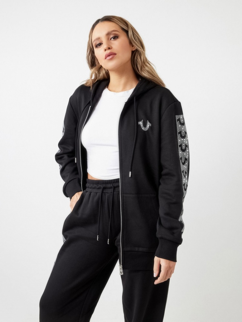 Sweat a Capuche True Religion Crystal Horseshoe Boyfriend Zip Femme Noir | XPC-25325646