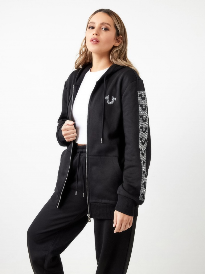 Sweat a Capuche True Religion Crystal Horseshoe Boyfriend Zip Femme Noir | XPC-25325646