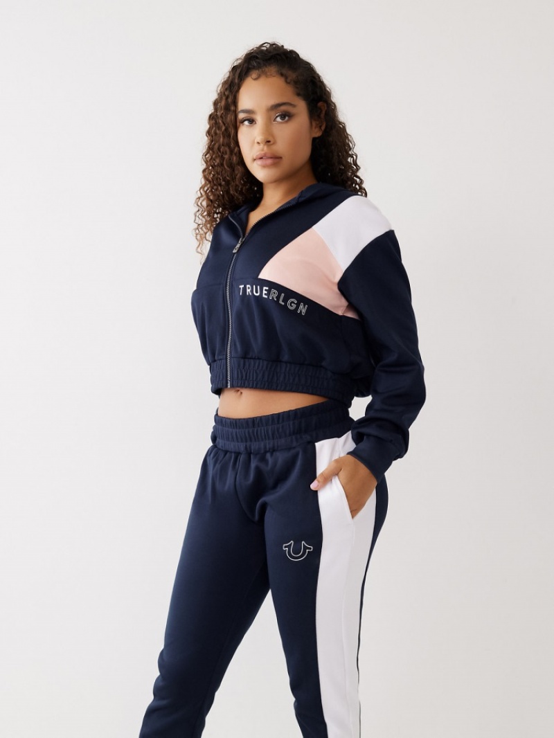 Sweat a Capuche True Religion Color Block Crop Zip Femme Bleu | MFP-21033769