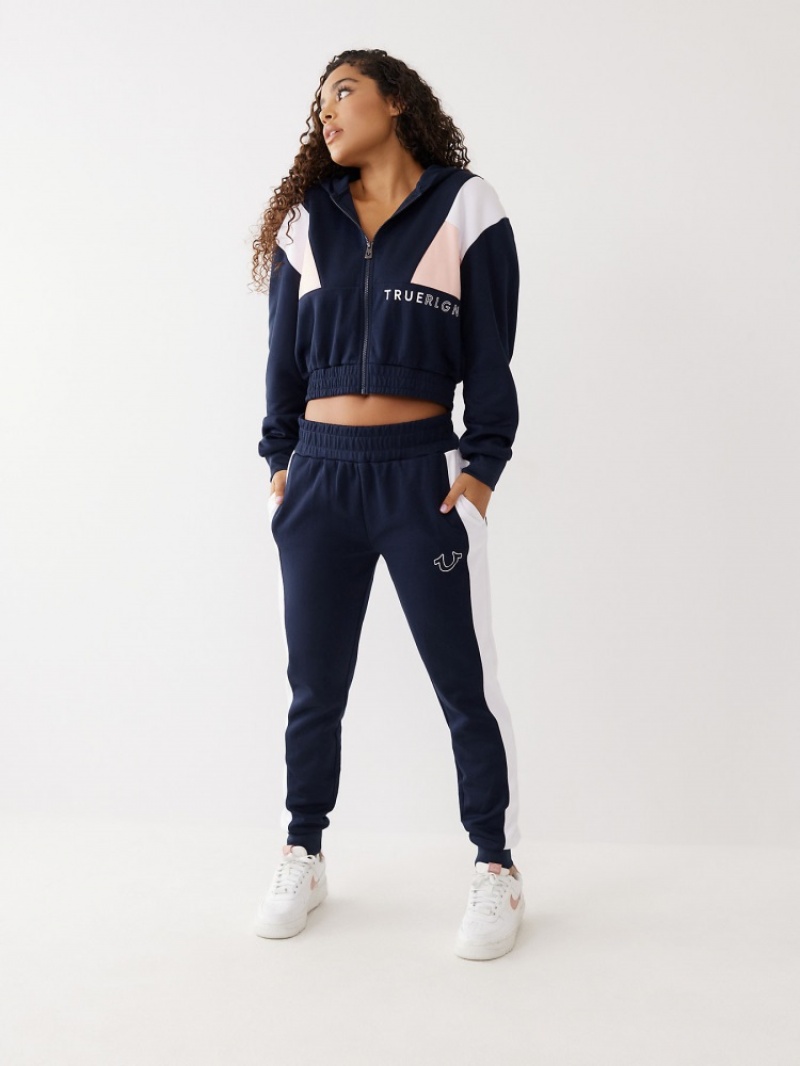 Sweat a Capuche True Religion Color Block Crop Zip Femme Bleu | MFP-21033769