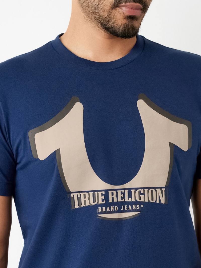 T Shirts True Religion Horseshoe Logo Corta Sleeve Homme Blanche Bleu | WLM-67520439