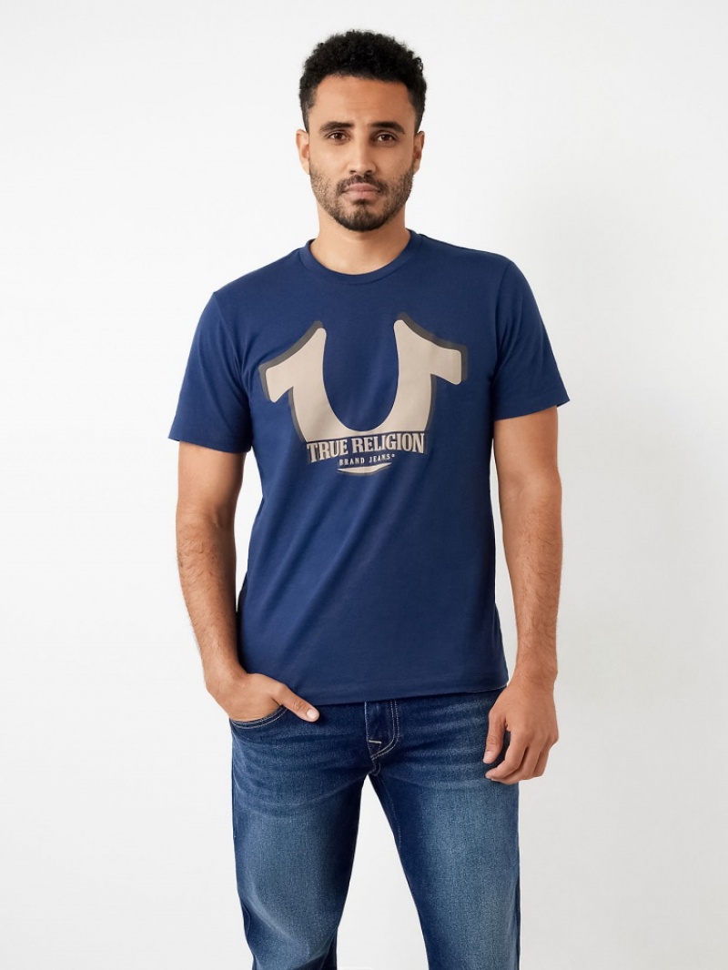 T Shirts True Religion Horseshoe Logo Corta Sleeve Homme Blanche Bleu | WLM-67520439