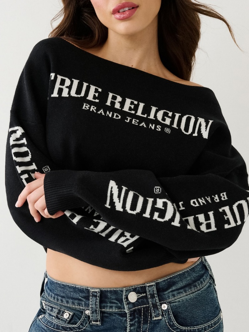 Chandails True Religion Off The Shoulder Logo Femme Blanche Bleu Marine | EJF-09735537