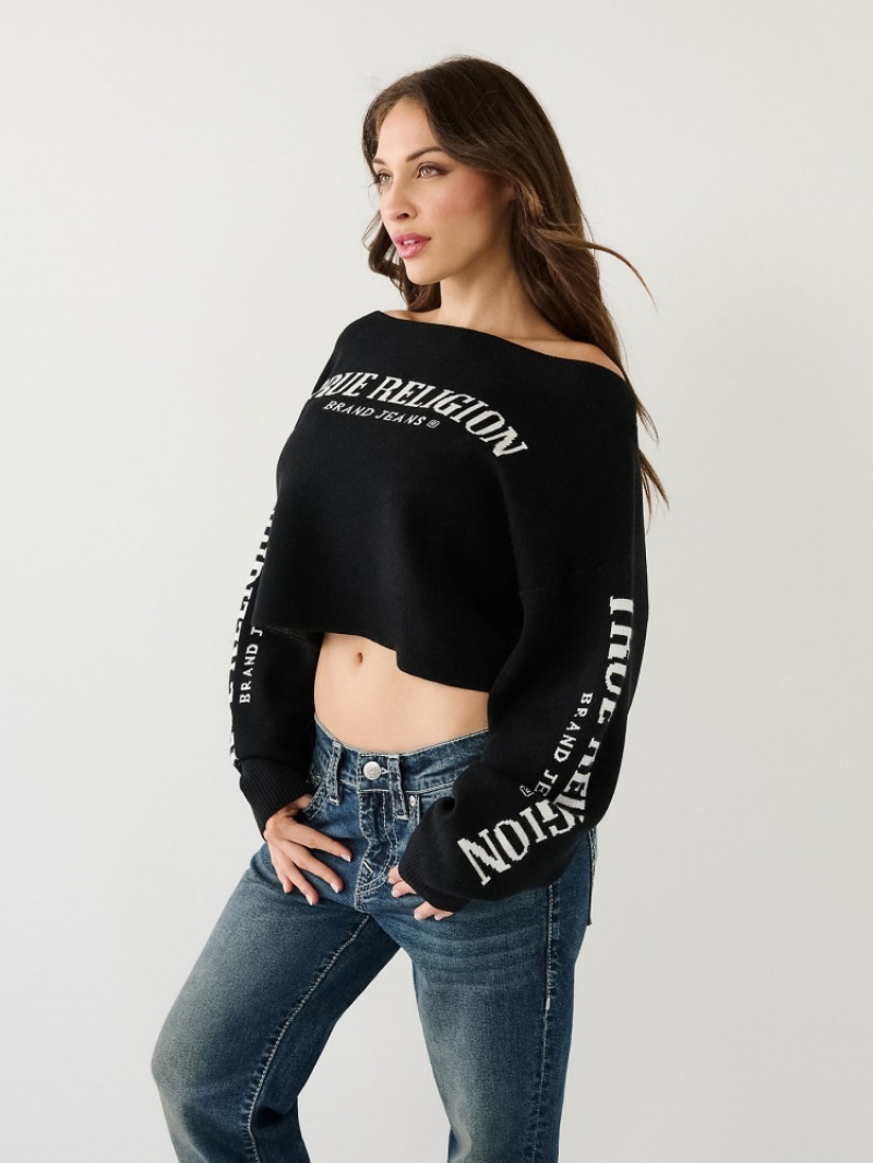 Chandails True Religion Off The Shoulder Logo Femme Blanche Bleu Marine | EJF-09735537