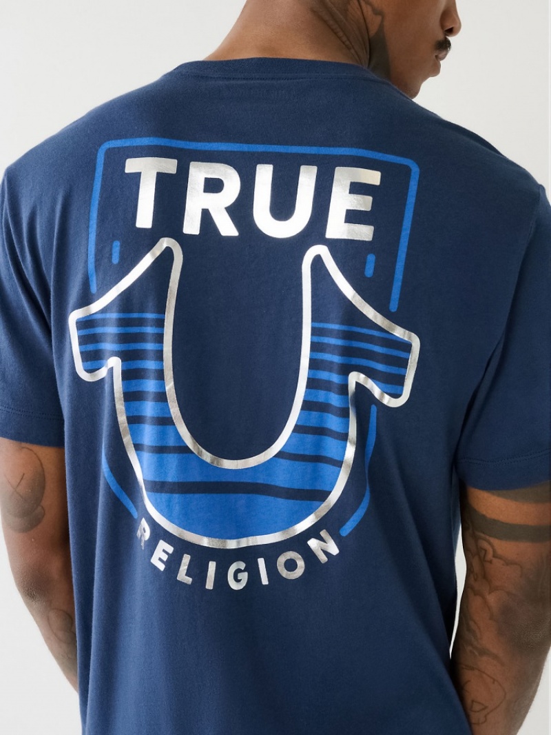 T Shirts True Religion Horseshoe Logo Crew Neck Homme Bleu | GIG-05481803