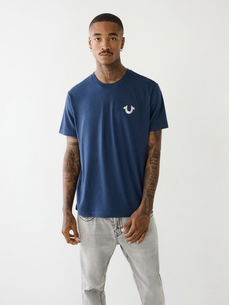 T Shirts True Religion Horseshoe Logo Crew Neck Homme Bleu | GIG-05481803