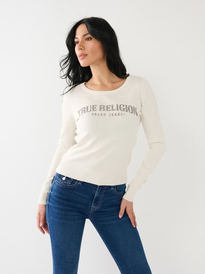 Chandails True Religion Crystal True Religion Logo Femme Beige | DSL-76425693